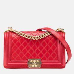 Pre Owned Chanel Red Old Medium Quilted Lambskin Boy Flap