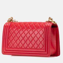 Pre Owned Chanel Red Old Medium Quilted Lambskin Boy Flap