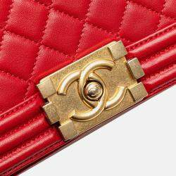Pre Owned Chanel Red Old Medium Quilted Lambskin Boy Flap