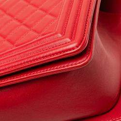 Pre Owned Chanel Red Old Medium Quilted Lambskin Boy Flap