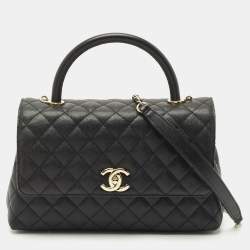 Pre Owned Chanel Black Quilted Caviar Leather Medium Coco Top Handle Bag