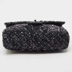 مملوكة مسبقًا Chanel Navy Blue/Black Quilted Sequins and Satin Medium Classic Single Flap Bag
