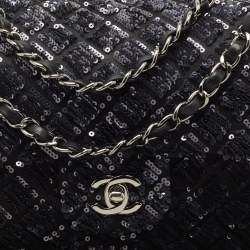 مملوكة مسبقًا Chanel Navy Blue/Black Quilted Sequins and Satin Medium Classic Single Flap Bag