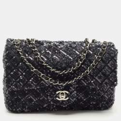 مملوكة مسبقًا Chanel Navy Blue/Black Quilted Sequins and Satin Medium Classic Single Flap Bag