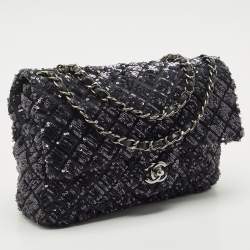 مملوكة مسبقًا Chanel Navy Blue/Black Quilted Sequins and Satin Medium Classic Single Flap Bag