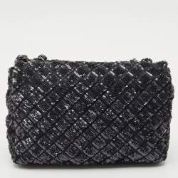 مملوكة مسبقًا Chanel Navy Blue/Black Quilted Sequins and Satin Medium Classic Single Flap Bag