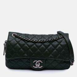 Pre Owned Chanel Green Medium Quilted Iridescent Caviar Easy Flap