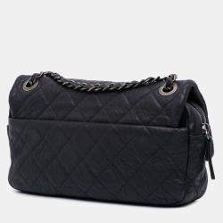 Pre Owned Chanel Navy Blue Small Quilted Distressed Calfskin Easy Flap