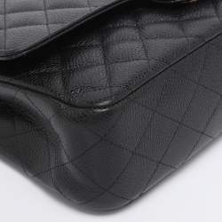 Pre Owned Chanel Black Quilted Caviar Leather Medium Classic Double Flap Bag