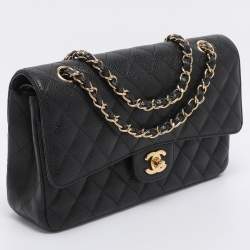 Pre Owned Chanel Black Quilted Caviar Leather Medium Classic Double Flap Bag