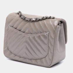 Pre Owned Chanel Brown Mini Square Classic Chevron Iridescent Calfskin Single Flap