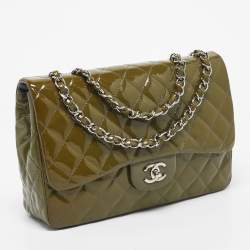 Pre Owned Chanel Green Quilted Patent Leather Jumbo Classic Single Flap Bag