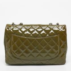 Pre Owned Chanel Green Quilted Patent Leather Jumbo Classic Single Flap Bag