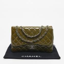 Pre Owned Chanel Green Quilted Patent Leather Jumbo Classic Single Flap Bag