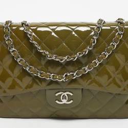 Pre Owned Chanel Green Quilted Patent Leather Jumbo Classic Single Flap Bag