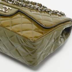 Pre Owned Chanel Green Quilted Patent Leather Jumbo Classic Single Flap Bag