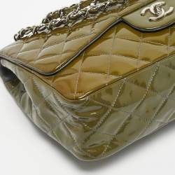 Pre Owned Chanel Green Quilted Patent Leather Jumbo Classic Single Flap Bag