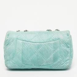 Pre Owned Chanel Aqua Blue Snakeskin Medium Ultra Stitch Classic Single Flap Bag
