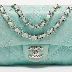 Pre Owned Chanel Aqua Blue Snakeskin Medium Ultra Stitch Classic Single Flap Bag
