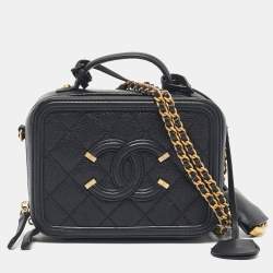 Pre Owned Chanel Black Quilted Caviar Leather Small CC Filigree Vanity Case Bag