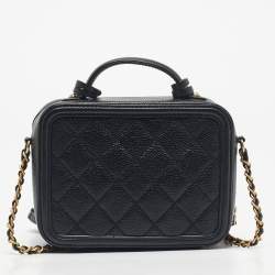 Pre Owned Chanel Black Quilted Caviar Leather Small CC Filigree Vanity Case Bag