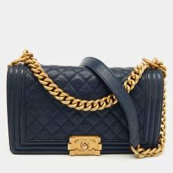 Pre Owned Chanel Navy Blue Quilted Caviar Leather Medium Boy Bag