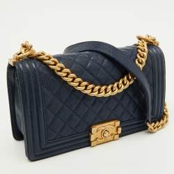 Pre Owned Chanel Navy Blue Quilted Caviar Leather Medium Boy Bag