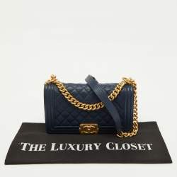 Pre Owned Chanel Navy Blue Quilted Caviar Leather Medium Boy Bag