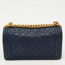 Pre Owned Chanel Navy Blue Quilted Caviar Leather Medium Boy Bag