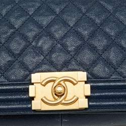 Pre Owned Chanel Navy Blue Quilted Caviar Leather Medium Boy Bag