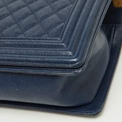 Pre Owned Chanel Navy Blue Quilted Caviar Leather Medium Boy Bag