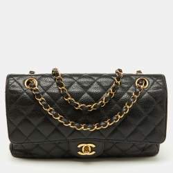 Pre Owned Chanel Black Quilted Caviar Leather Medium Classic Double Flap Bag
