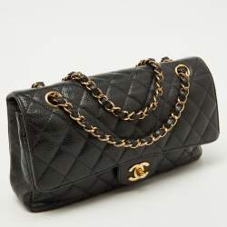 Pre Owned Chanel Black Quilted Caviar Leather Medium Classic Double Flap Bag