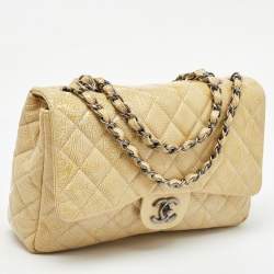 Pre Owned Chanel Yellow Quilted Pattern Patent Leather Jumbo Classic Single Flap Bag