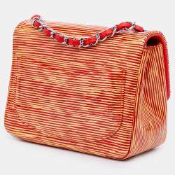 Pre Owned Chanel Orange/Red Mini Square Classic Patent Striped Single Flap Bag