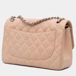 Pre Owned Chanel Beige Jumbo Classic Caviar Double Flap Bag