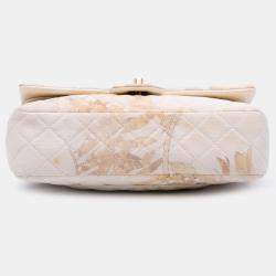 Pre Owned Chanel White Medium Classic Printed Denim Floral Double Flap