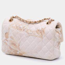Pre Owned Chanel White Medium Classic Printed Denim Floral Double Flap