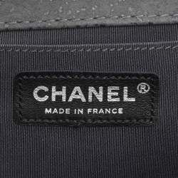 Pre Owned Chanel Grey Textured Suede Beads Embellishment Medium Boy Flap Bag