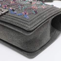 Pre Owned Chanel Grey Textured Suede Beads Embellishment Medium Boy Flap Bag