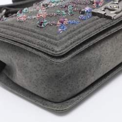 Pre Owned Chanel Grey Textured Suede Beads Embellishment Medium Boy Flap Bag