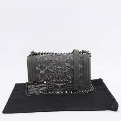 Pre Owned Chanel Grey Textured Suede Beads Embellishment Medium Boy Flap Bag