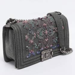 Pre Owned Chanel Grey Textured Suede Beads Embellishment Medium Boy Flap Bag