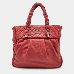 Pre Owned حقيبة شانيل جلد محبب أحمر كبيرة نسائية مجدولة توت