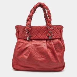 Pre Owned حقيبة شانيل جلد محبب أحمر كبيرة نسائية مجدولة توت