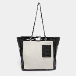 Pre Owned Chanel Black/White Patent Leather and Calf Hair Reissue Runway Chain Tote
