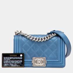 Pre Owned Chanel Blue Small Quilted Perforated Metallic Lambskin Boy Flap