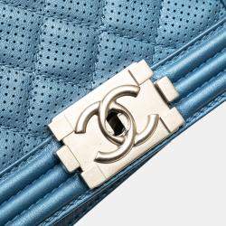 Pre Owned Chanel Blue Small Quilted Perforated Metallic Lambskin Boy Flap