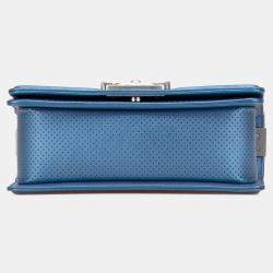 Pre Owned Chanel Blue Small Quilted Perforated Metallic Lambskin Boy Flap