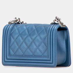 Pre Owned Chanel Blue Small Quilted Perforated Metallic Lambskin Boy Flap